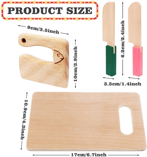 4 Pcs Wooden Kids Knives Cooking Utensils, Safe Knives with Rectangle Cutting Board for Kitchen Cooking