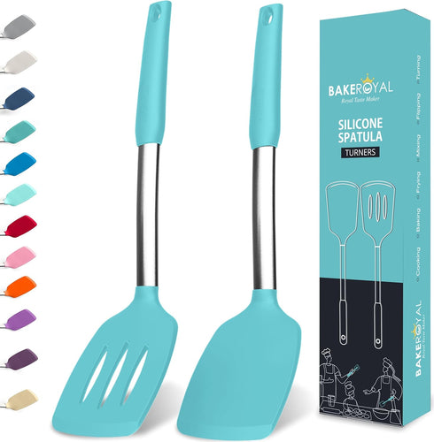 Silicone Spatula Set, Turner Spatulas Heat Resistant 600°F, Slotted & Solid for Cooking Fish, Eggs, Pancakes - Aqua