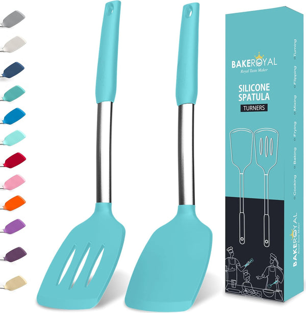 Silicone Spatula Set, Turner Spatulas Heat Resistant 600°F, Slotted & Solid for Cooking Fish, Eggs, Pancakes - Aqua