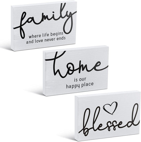 Jetec 3 Pcs Blessed Family Home Rustic Wood Sign, Mini Decorative Farmhouse Table Decor, White