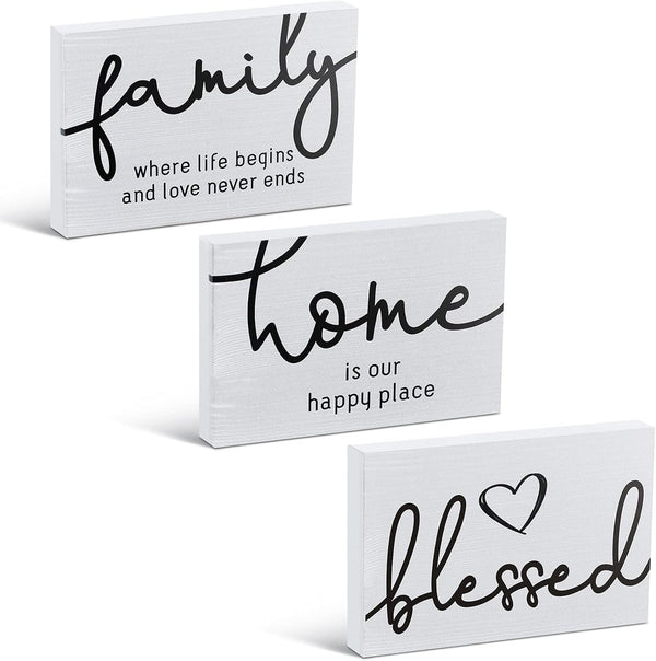 Jetec 3 Pcs Blessed Family Home Rustic Wood Sign, Mini Decorative Farmhouse Table Decor, White