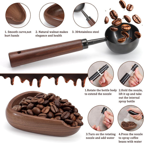Dazzleimart 3pcs Set Coffee Bean Dosing Cup with Gift Box, Dosing Walnut Wood Cups Stainless Steel Spoon Portable Spray