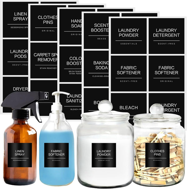 Minimalist Laundry Room Labels, 30 Matte Waterproof Labels for Jars and Detergent Dispensers, Black