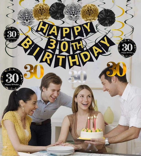 Black & Gold Glittery Happy 30th Birthday Banner, Poms, Sparkling 30 Hanging Swirls Kit