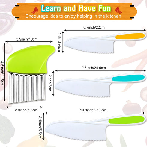 4 Pcs Kids Knife Set, Nylon Kitchen Knife with Crinkle Cutter, Plastic Toddler Chef Knife for Real Cooking