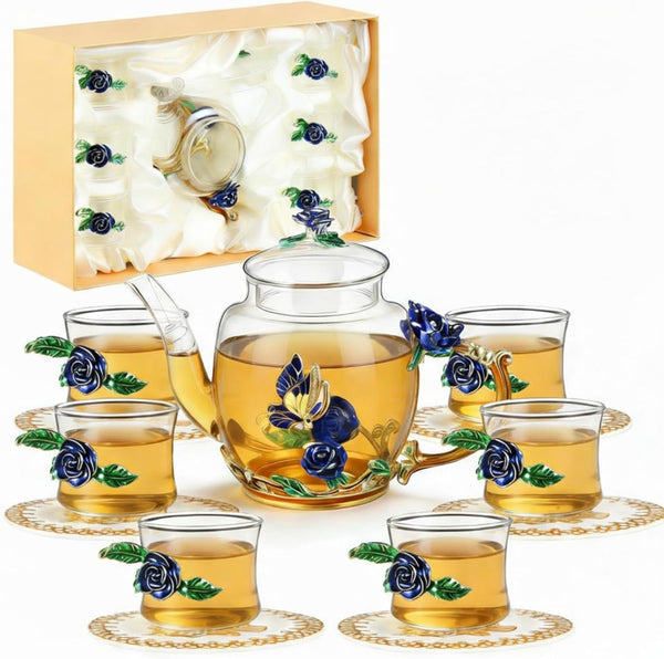 7 Pcs Floral Glass Tea Set for Women 14 oz Butterfly Vintage