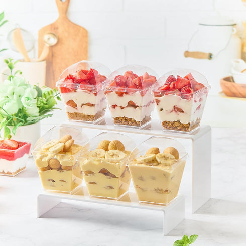 50 Pack 7 oz Zezzxu Square Dessert Cups with Dome Lids and Spoons, Plastic Pudding Cups with Lids Mini Parfait Shooter