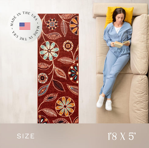 Maples Rugs Reggie Floral Runner Rug, Washable Non Slip Indoor Carpet for Kitchen, Hallway, Laundry Room, 1'8 x 5,