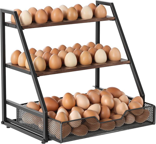 Wolera 3-Tier Wooden Fresh Egg Holder Countertop With Basket for 36+90 Eggs, Storage