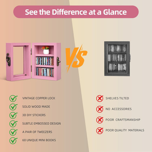 Pawnoc 60pcs Mini Bookshelf, with Mini Books, Plant Flowers, and Tweezers, Anxiety Bookshelf for Book Lovers