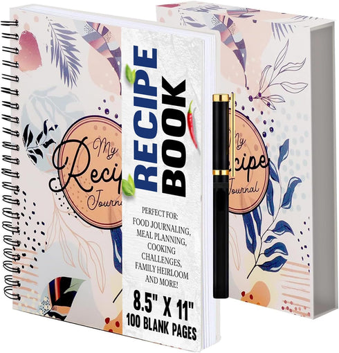 Performore My Recipe Journal - 8.5” x 11” Spiral Notebook with 100 Blank Pages, Includes Pen and Slipcase