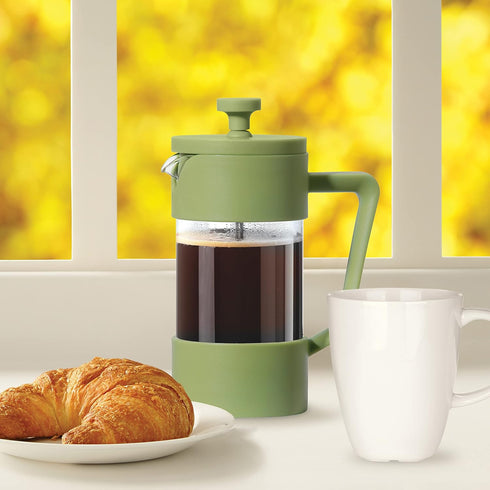 Oggi French Press Coffee Maker, 12oz Borosilicate Glass, Single Cup French Press, 3 Cup Capacity, Olive