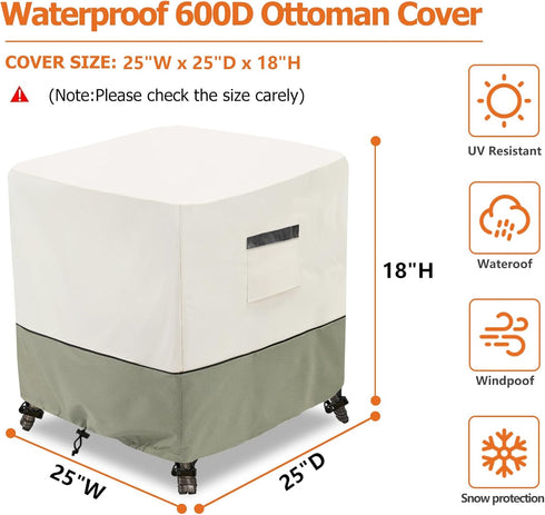 Square,600D 25" 25" 18" Waterproof Outdoor Ottoman Cover Heavy Duty Patio Small Side Table Cover,Patio Furniture Covers