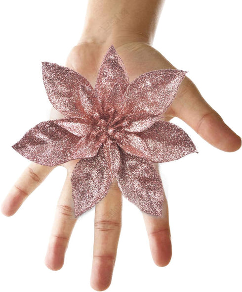 GL-Turelfies 12 Pcs Rose Gold Glitter Christmas Flowers (16cm/6.3’’) with 12 Pcs Clips for Xmas Tree Ornaments