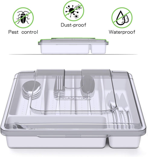 Silverware Tray with Lid, Utensil Drawer Organizer for Kitchen Countertop Plastic Flatware Organizers and Storage holder 5 Compartments White by QINOL
