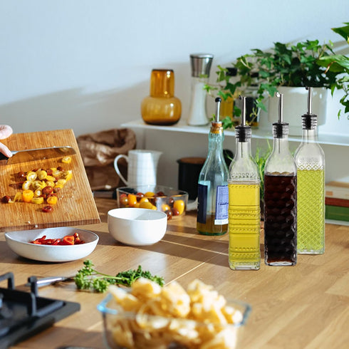 MDLUU Set, 17oz 3 3 1 Pack 3 Oil and Vinegar Dispenser Clear Glass Olive Oil Bottles, Kitchen Vinegar Decanters
