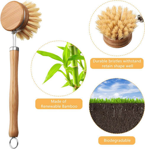 8 Patelai Pieces Wooden Kitchen Dish Brush Include Bamboo Scrub Cleaning Brush and Replacement Heads Dish Scrubber