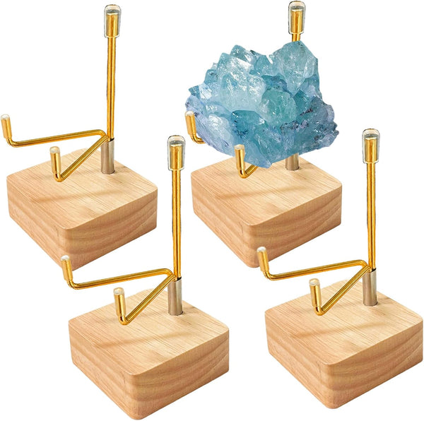 4 Pcs Rock Display Stand with Wooden Base, Adjustable Metal Arm Easel for Crystal Display, Small Rock Collection,