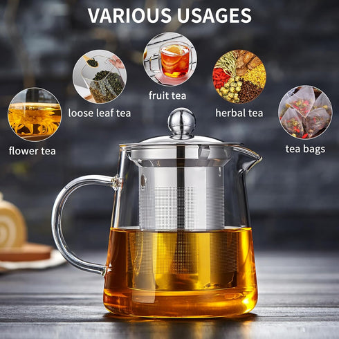 Glass Teapot 18.6 oz, Borosilicate Glass Tea Pot with Detachable Stainless Steel Infuser for Loose Leaf Tea