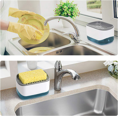 Dish Soap Dispenser for Kitchen, 2-in-1 Soap Pump Dispenser and Sponge Holder, Countertop (White)