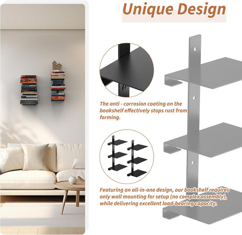 6 2 Pack Floating Invisible Bookshelves for Wall, Tier Heavy Duty Metal, Black Vertical Spine Book Tower, Wall Mounted