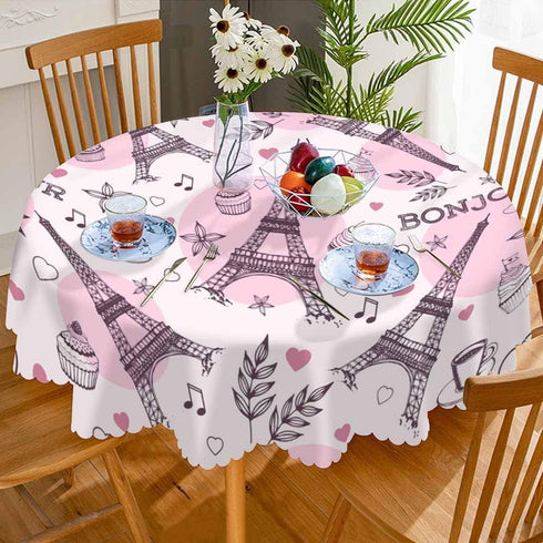 AOYEGO 60 Inch Eiffel Tower Pink Table Cloth Romantic Paris Ice Cream Coffee Star Shaped Leaves Round Tablecloth