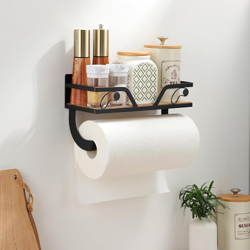 SUNTECH Magnetic Paper Towel Holder for Fridge, Black Kitchen Roll Holder with Shelf Wall Mount, Magnetic Spice Rack
