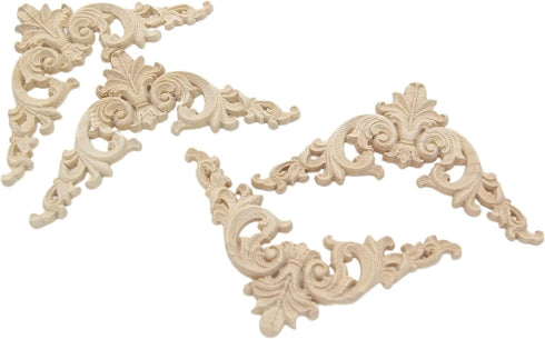 Wood Carved Applique, 4 Pack Decorative Wood Trim, 3.15x3.15inch Unpainted Appliques for Furniture Decor Decal