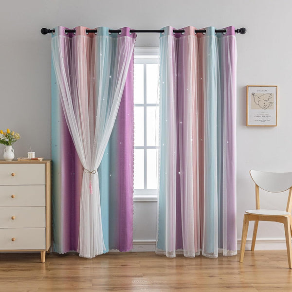 conokata Star Girl and Kids Curtains for Bedroom Rainbow Ombre Double Layer Cute