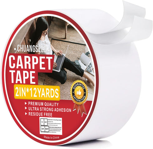 CHUANGSEED Carpet Tape, Double Sided White Rug Tape for Tile Area Rugs, Strong Sticky Removable Tape, 2inchesx12yards