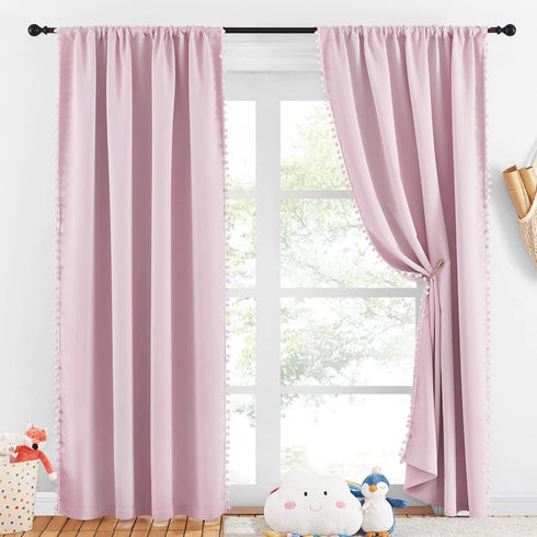 52" 84" 2 NICETOWN Pom Pom Blackout Curtains for Girls Bedroom Boho Pink Window Curtains for Nursery Rod Pocket Thermal