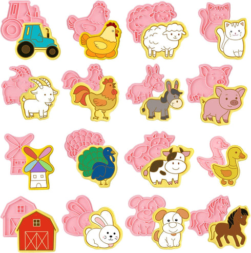 16 Pcs Farm Animal Cookie Cutters with Plunger Stamps Set, Fun 3D Animal Shape Cookie Mold for Baking Birthday