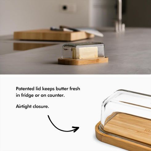KIVY Glass butter dish with airtight lid that keeps butter soft - For countertop and refrigerator door shelf - Butter tray with lid fridge - Butter holder for counter - Covered butter dishes with lid