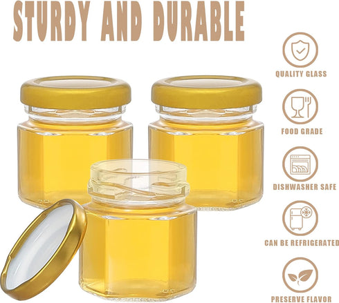 60 Pack Lids,1.5 oz CRTWDMAN Mini Honey Jars/Pot Metal Glass,Wooden Dippers,Bee Charms,Jutes,Stickers,Small,Tiny, Baby