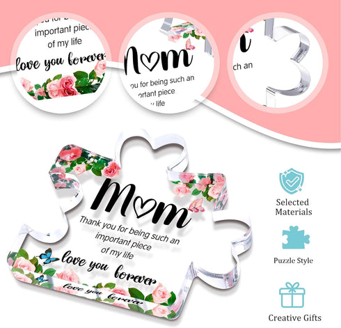 Mothers Day Mom Gifts for Mom Grandma Wife from Husband Daughter Son -Cute Engraved Acrylic Block Puzzle Piece