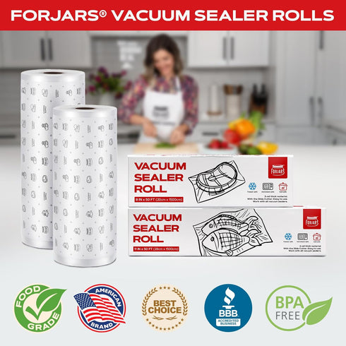 FORJAR Vacuum Sealer Bags Rolls, Airtight Food Storage and Sous Vide Cooking - Ideal for Home and Commercial Use