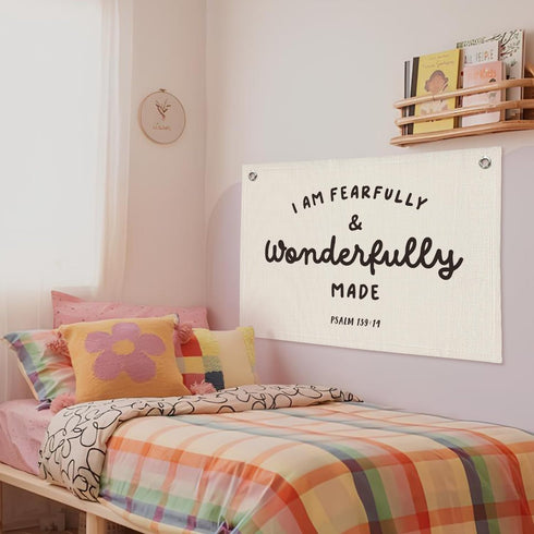 Wheatwin Kids Room Decor - Bible Verse Wall Hanging, 'I am Fearfully and Wonderfully Made' Linen Banner, Canvas