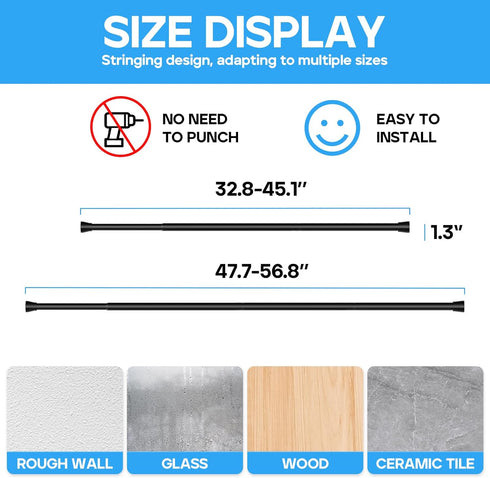 Tension Curtain Rod Black, 1pcs Adjustable Tension Rod for Windows 33 to 56 Inch, Non-Slip Spring Curtain Rod.