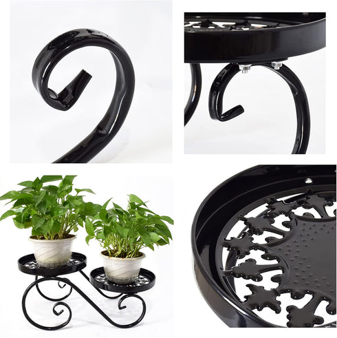 TLBTEK 2 tier Metal Plant Stand,Black Round Potted Planter Stands Indoor Outdoor ,Multiple Modern Flower Pot Stand