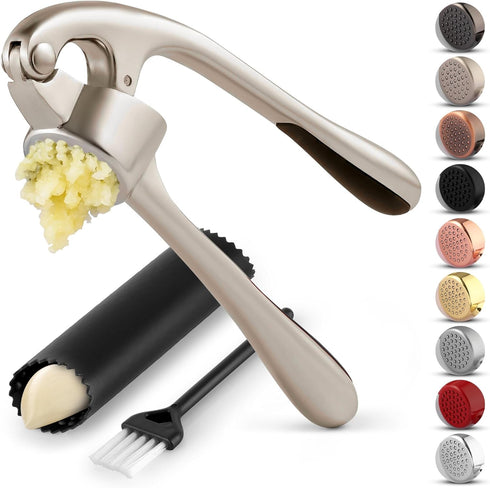Zulay Kitchen Premium Garlic Press Set, Rust Proof & Dishwasher Safe, Easy-Squeeze with Silicone Peeler