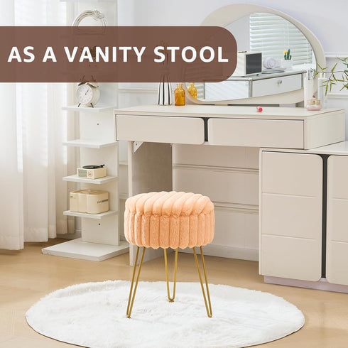 Wimarsbon Vanity Stool with Storage, Faux Fur Ottoman Chair with Metal Legs, Round Makeup Vanity Chair for Bedroom