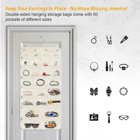 Hanging Jewelry Organizer Revolving Hanger - 50 Pockets - Foldable Storage & Display Solution - Beige