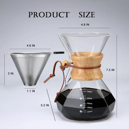 Pour Over Coffee Maker with Reusable Stainless Steel Filter, 27 oz Borosilicate Glass Carafe, Holds 4-6 Cups