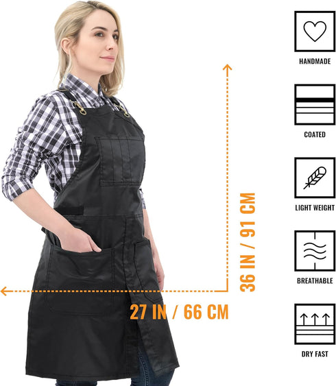 Under NY Sky Cross-Back Panther Black Apron – Coated Twill with Leather Reinforcement, Adjustable for Men and Women