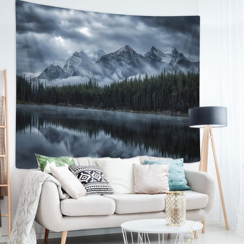 JAWO Landscape Tapestry Wall Hanging, Lake with Mountain Forest Scenic, 71X60 Inches Polyester Fabric