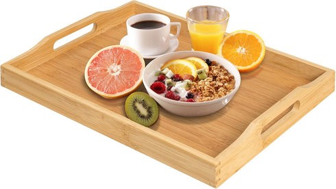 Bamboo Food Serving Tray with Handles, Breakfast Bed Tray for Tea,Snack,Dinner, Home