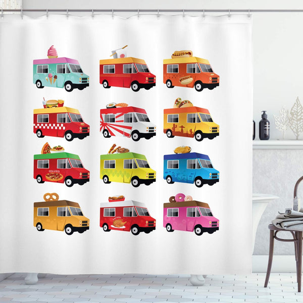 Ambesonne Truck Shower Curtain, Colorful Food Truck Illustration, Cloth Fabric Bathroom Decor Set with Hooks, 69" W x