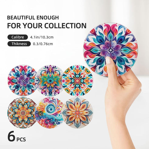 Set 6, Boho Coasters of Coasters for Drinks Absorbent Stone with Holder, Mandala Flower Ceramic Drink Coaster