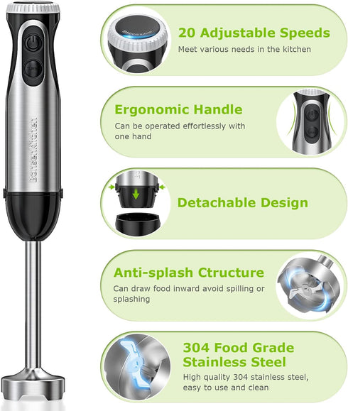 Bonsenkitchen Immersion Handheld Blender with Whisk, 20-Speed & Turbo Mode Hand Blender Stick 500W, 304 Stainless Steel Hand Blender for Soup, Smoothie, Puree, Baby Food by Bonsenkitchen