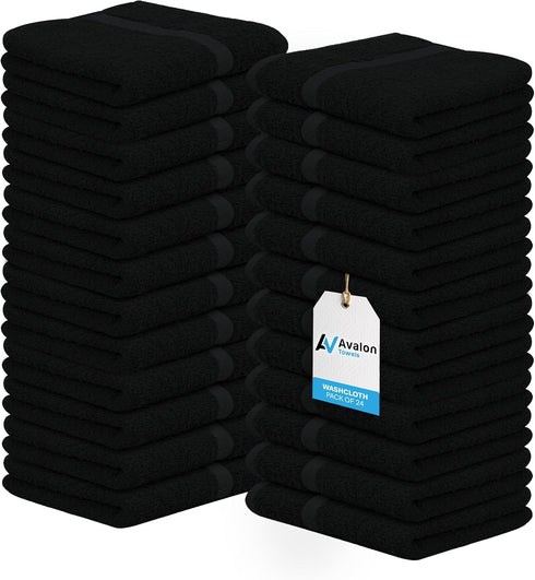 Avalon Towels Cotton Washcloths 24-Pack 12 x 12 Inch Black Super Soft